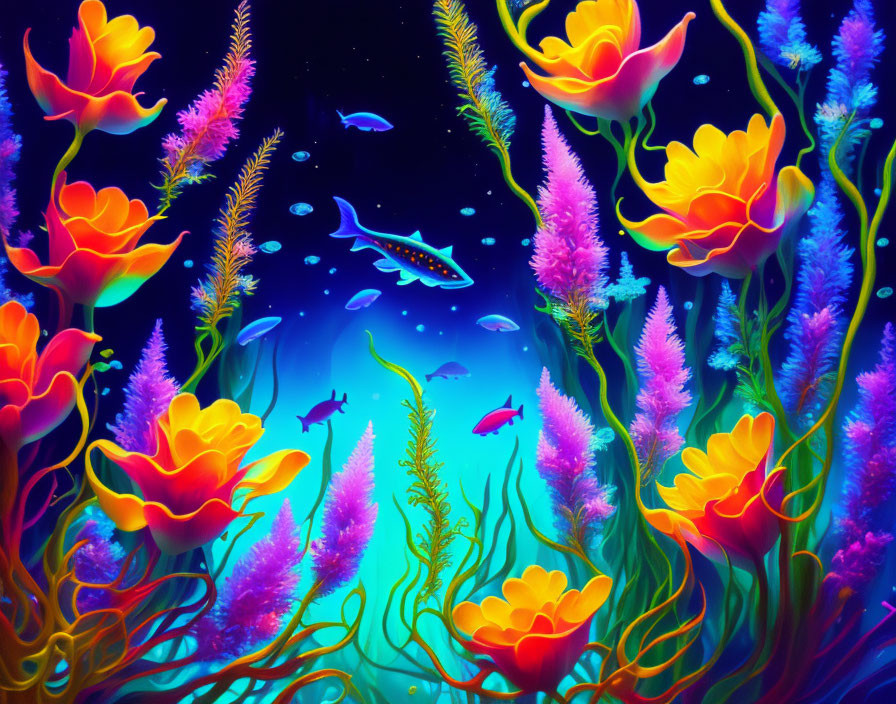 Colorful Underwater Scene with Orange Flowers, Fish, and Aquatic Plants