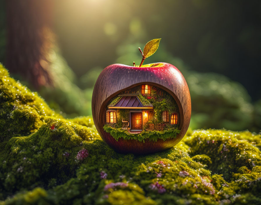 Whimsical apple house in mossy forest with sunlight filtering through trees