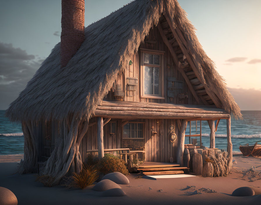 Thatched roof wooden beach hut on sandy shore at sunset