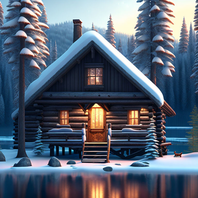 Cozy illuminated log cabin in snowy pine forest by tranquil lake at twilight