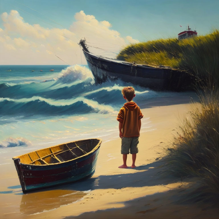 Young boy on sandy beach with beached ship and rowboat under sunny sky