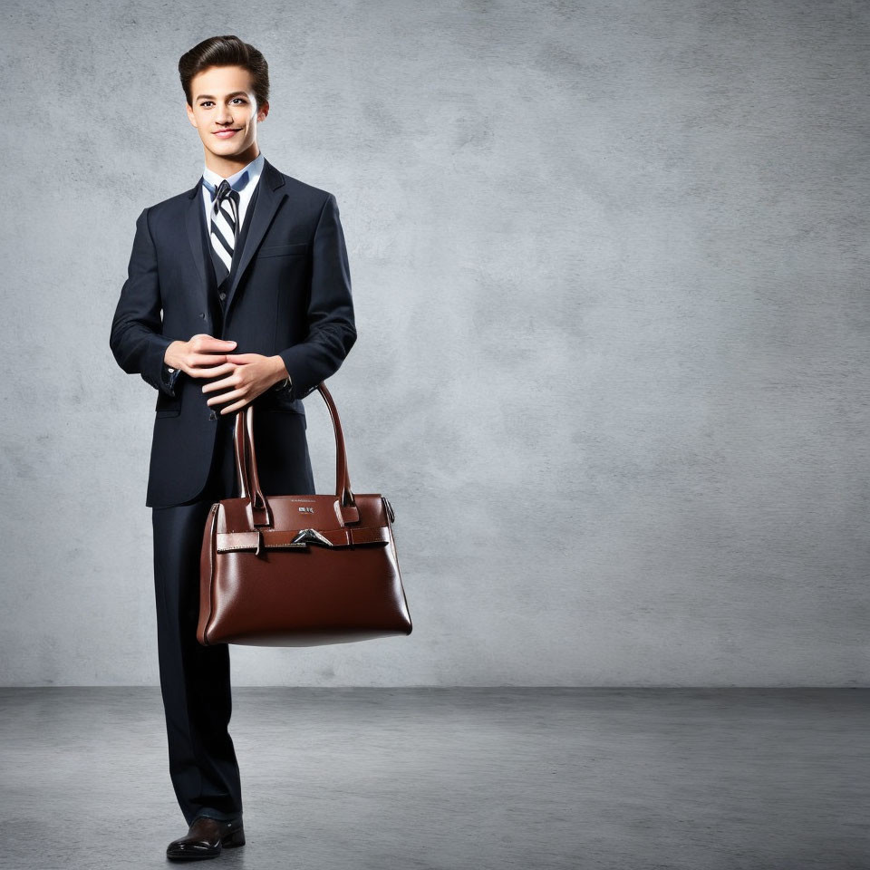 Professional in Dark Suit with Leather Briefcase on Gray Background