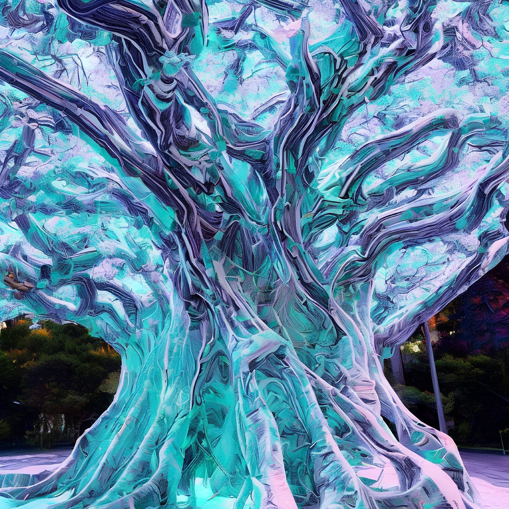 Vibrant surreal tree with twisted blue and purple branches