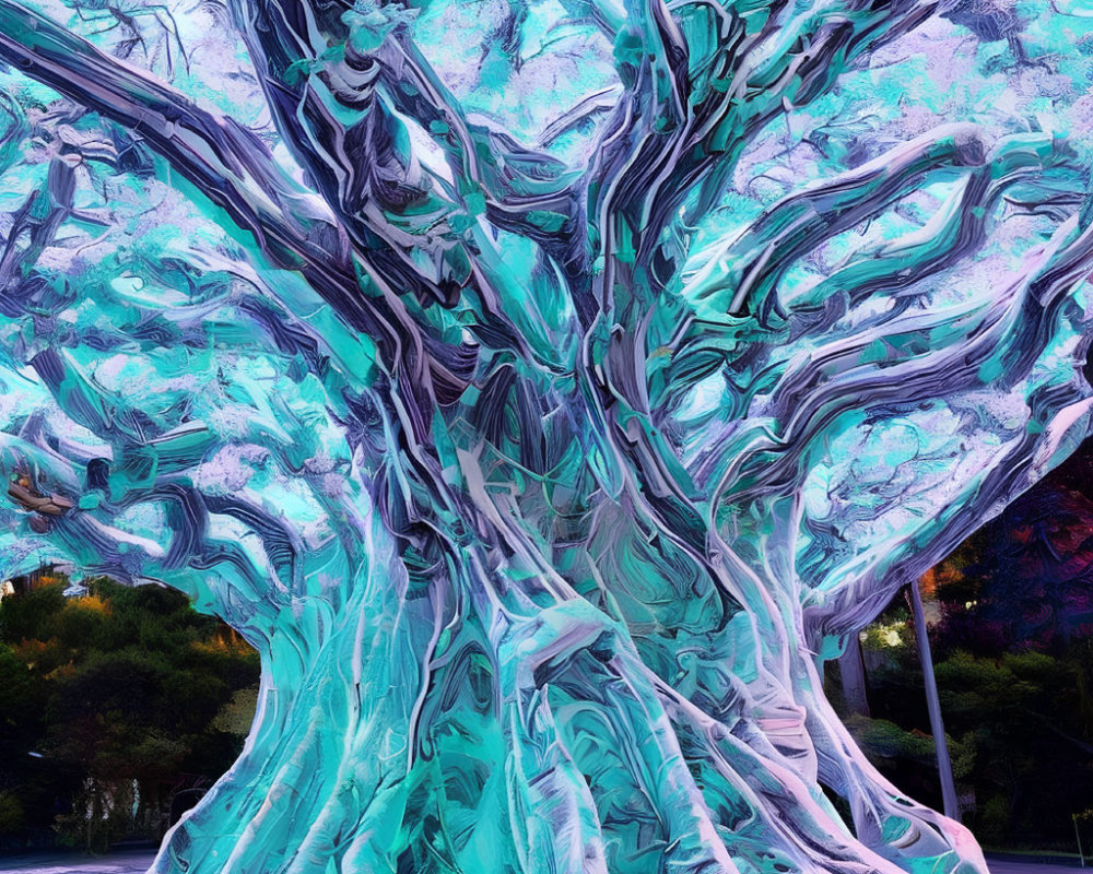 Vibrant surreal tree with twisted blue and purple branches