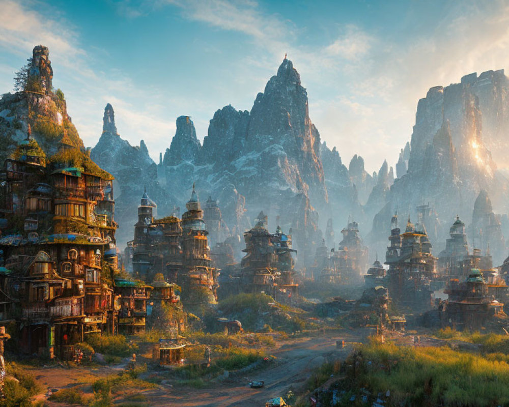 Mystical Asian-inspired city with pagodas in misty mountains at sunrise