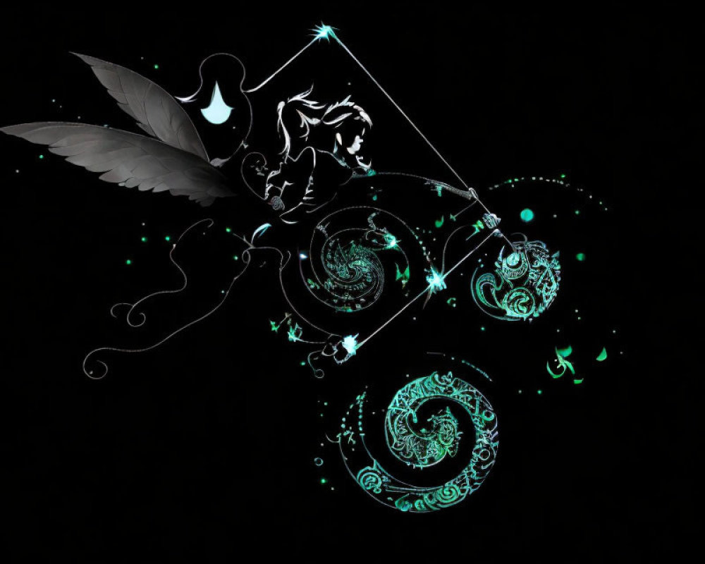 Fantastical digital artwork: Glowing winged pen, celestial designs, whimsical creatures