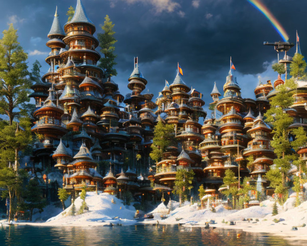 Fantastical wooden structure with towers and flags by a lake under dramatic sky and rainbow in snowy landscape