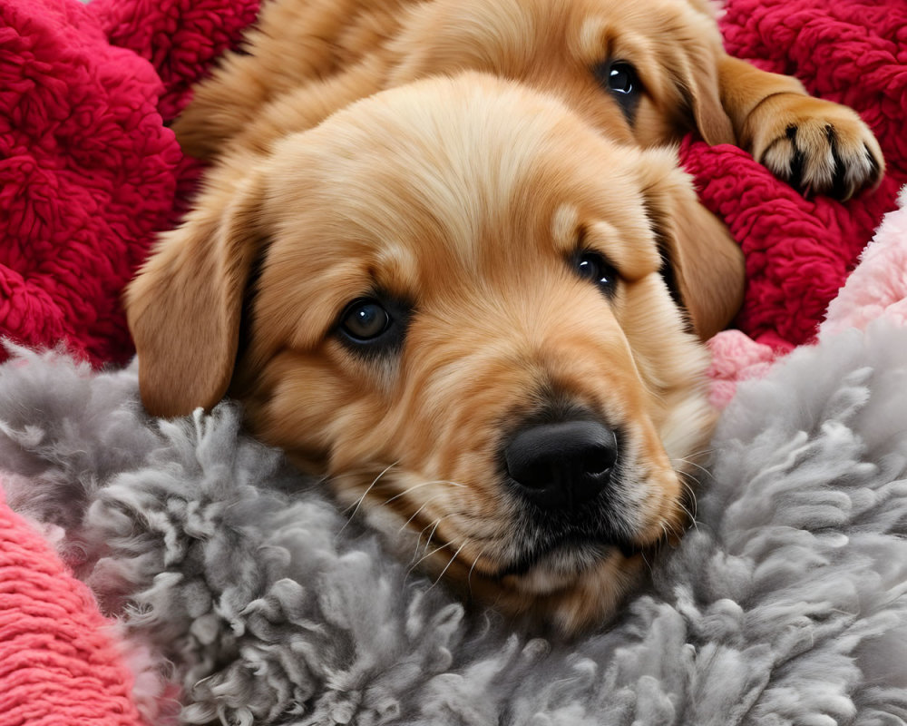 Adorable Golden Retriever Puppy Resting Among Colorful Pillows