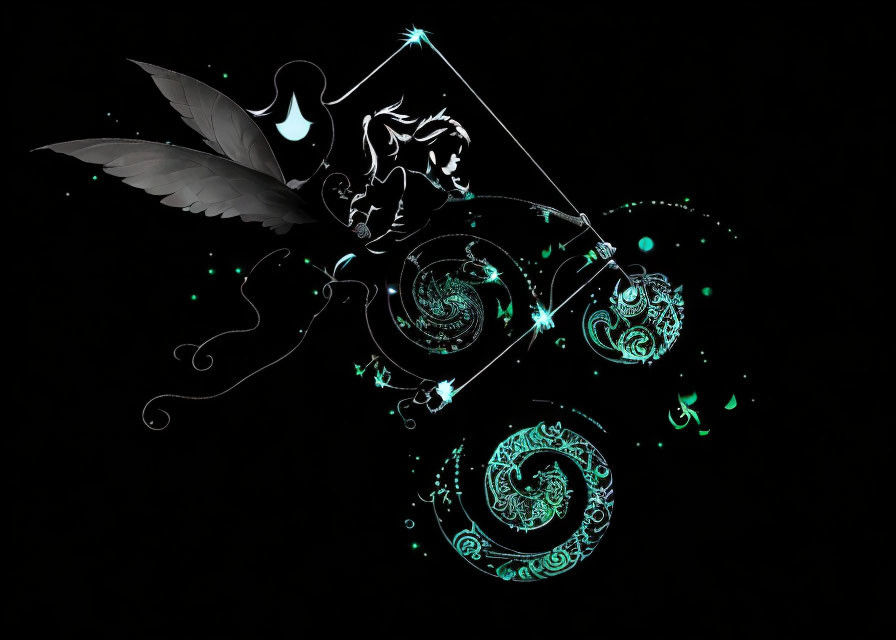 Fantastical digital artwork: Glowing winged pen, celestial designs, whimsical creatures