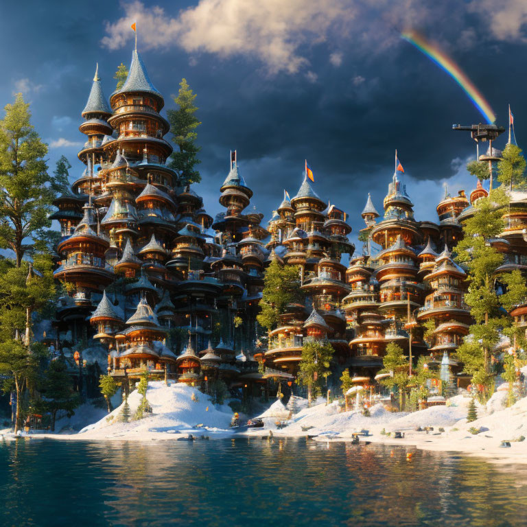 Fantastical wooden structure with towers and flags by a lake under dramatic sky and rainbow in snowy landscape