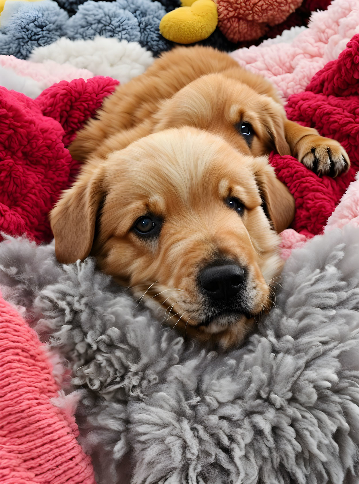 Adorable Golden Retriever Puppy Resting Among Colorful Pillows