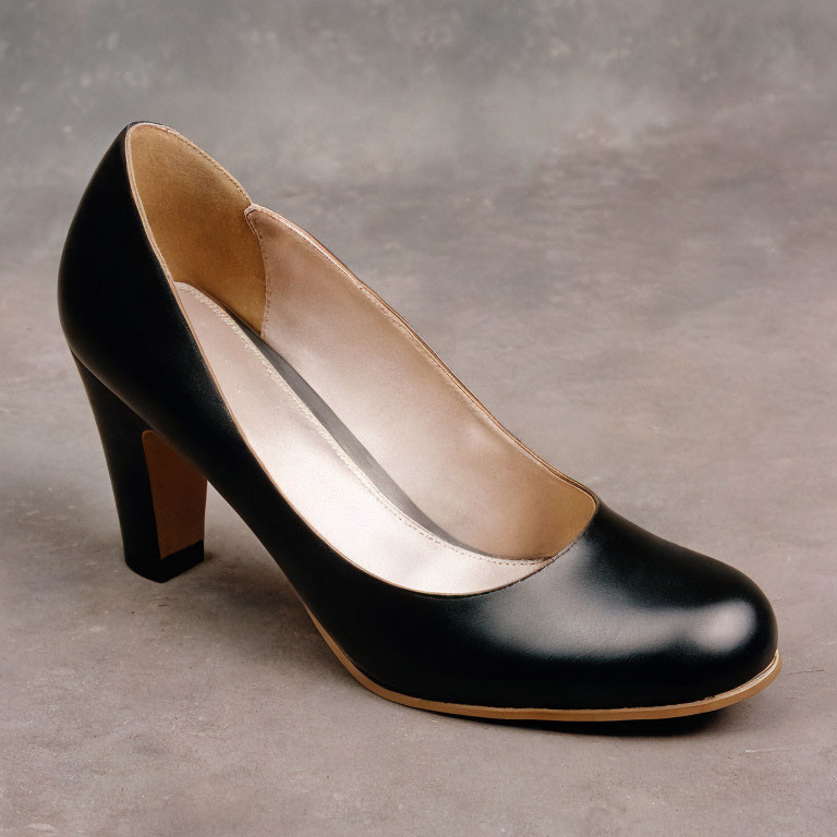 Black High-Heeled Shoe with Round Toe and Brown Heel on Gray Background