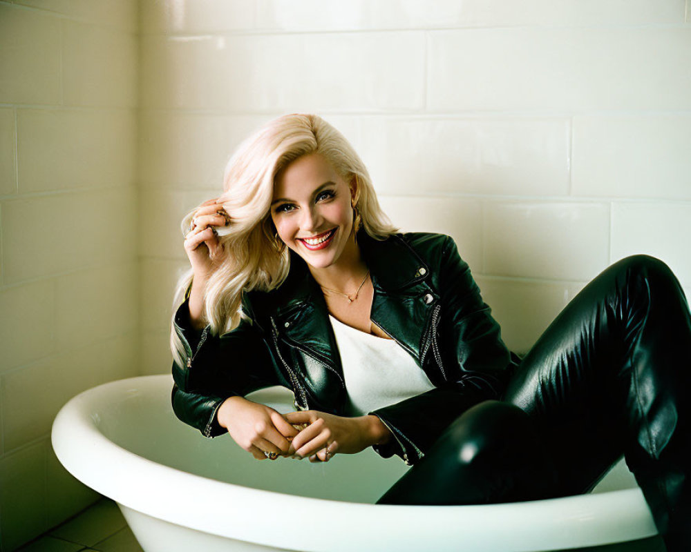 Blonde woman in black leather outfit sits in white bathtub