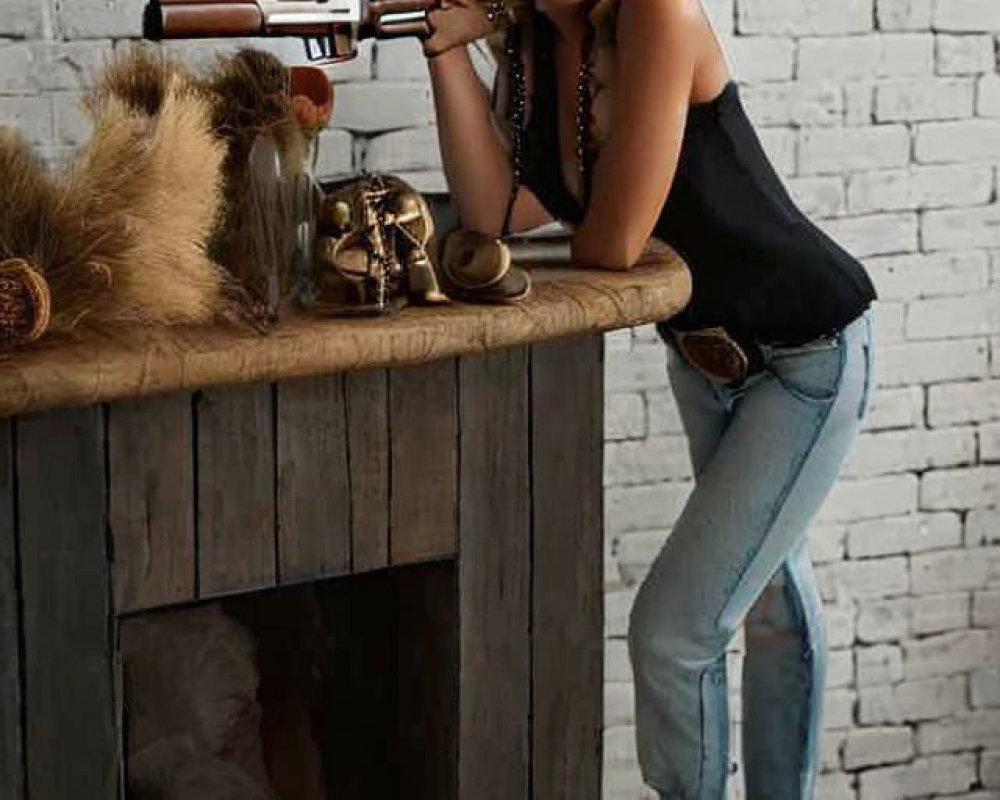 Cowgirl in tank top, jeans, and high heels with revolver at wooden bar on white brick background