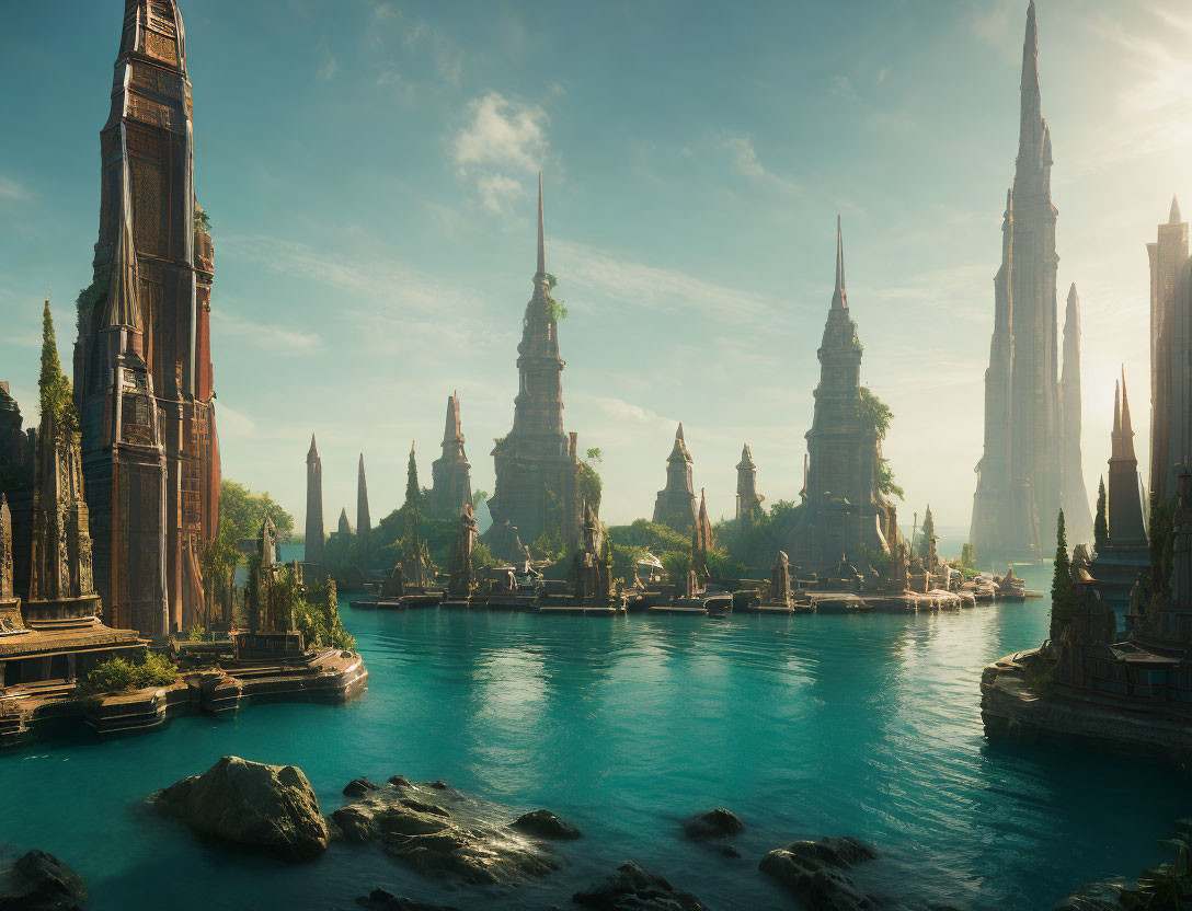 Fantasy city with towering spires by tranquil lake