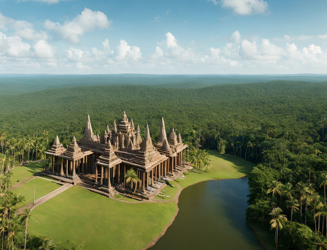 Traditional temple with multiple spires in serene natural setting