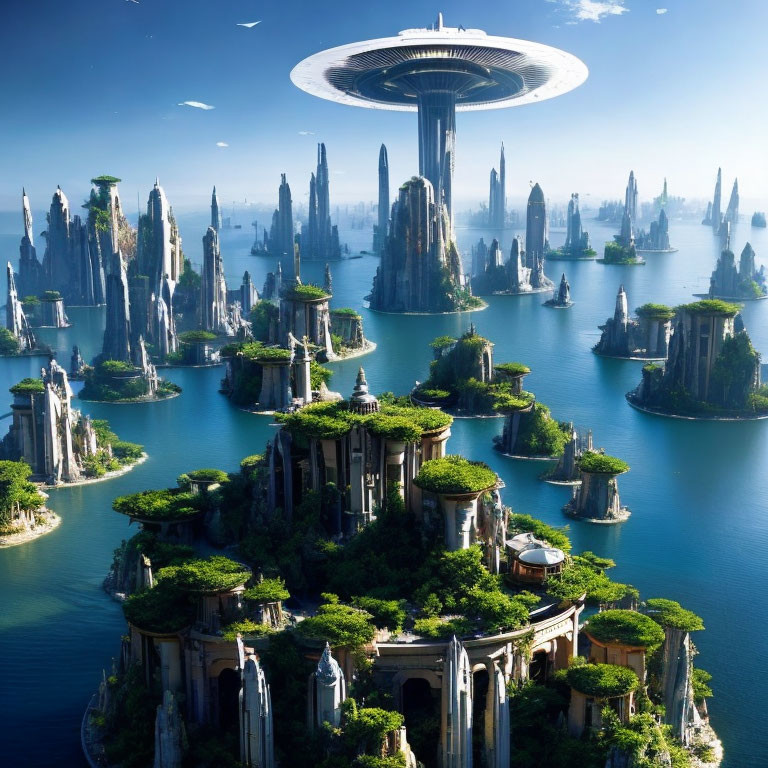 Futuristic cityscape with towering spires and saucer-shaped structure