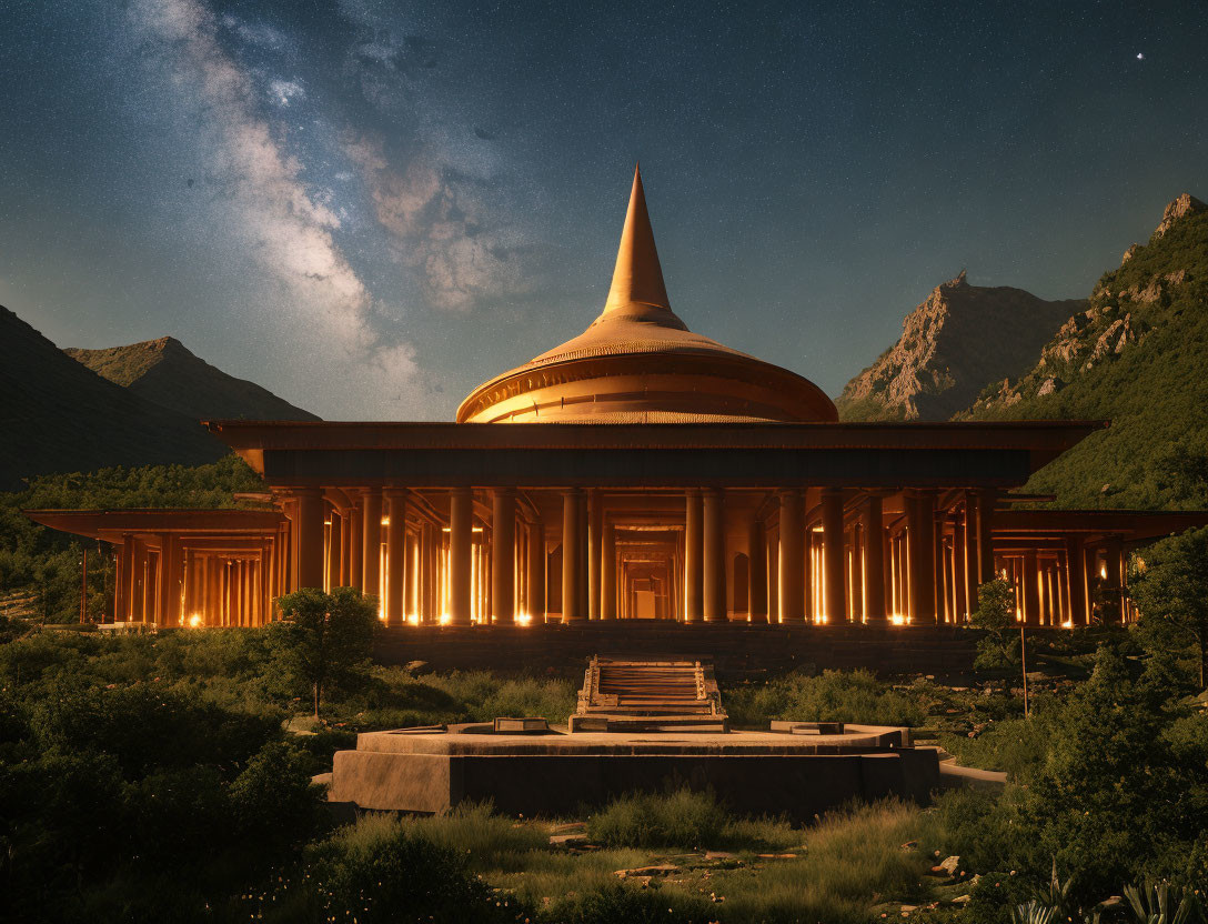 Majestic temple with conical dome in twilight mountainscape