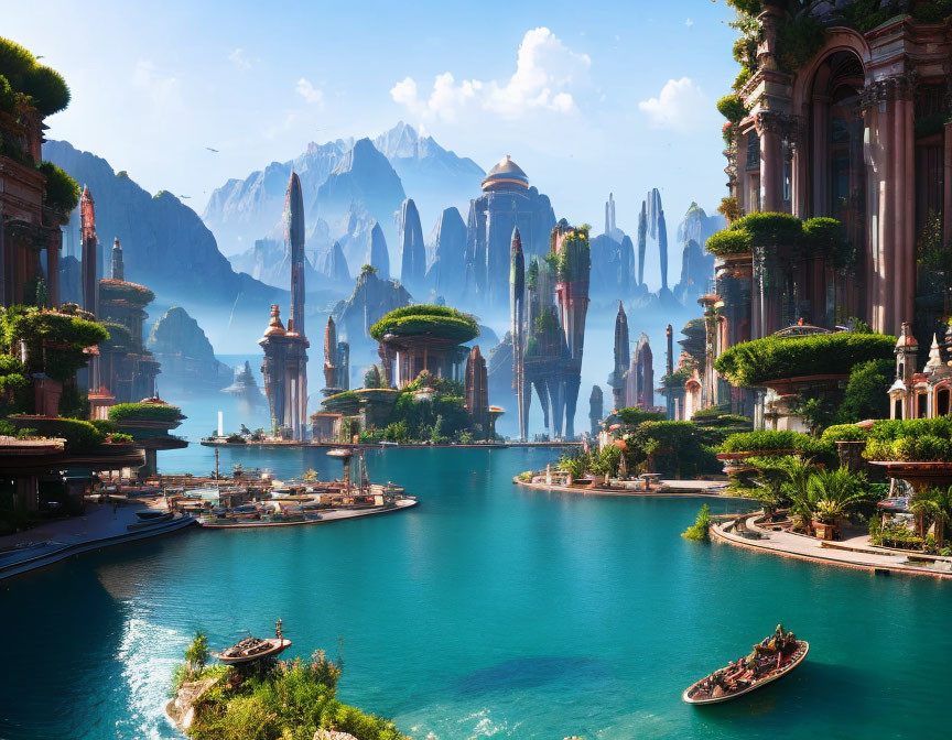 Fantastical landscape with ornate buildings by tranquil river