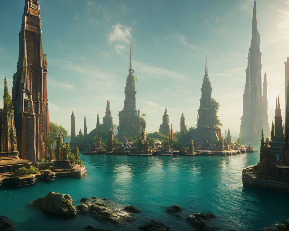 Fantasy city with towering spires by tranquil lake