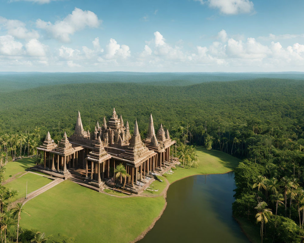 Traditional temple with multiple spires in serene natural setting