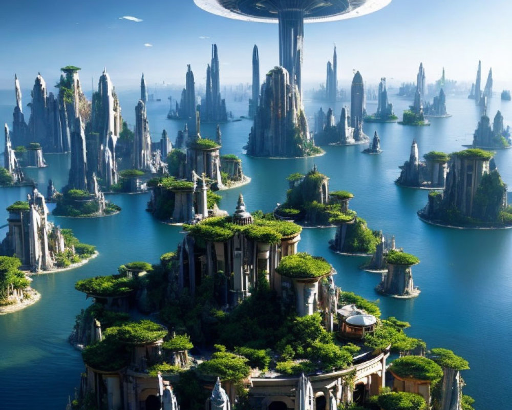 Futuristic cityscape with towering spires and saucer-shaped structure