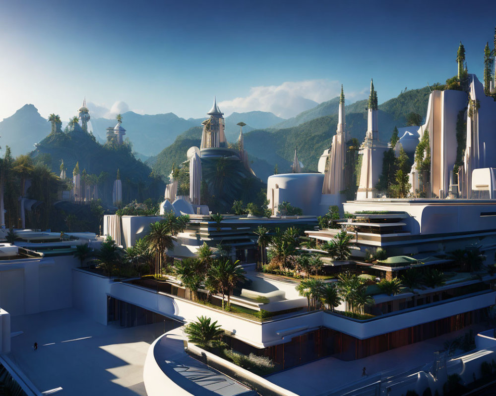 Futuristic cityscape with white buildings and terraced gardens in mountainous terrain