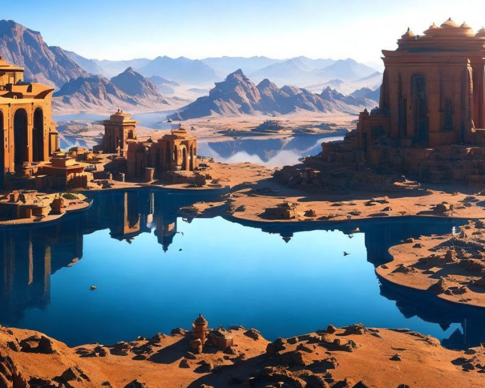 Ancient structures reflected in tranquil blue lake amidst desert oasis