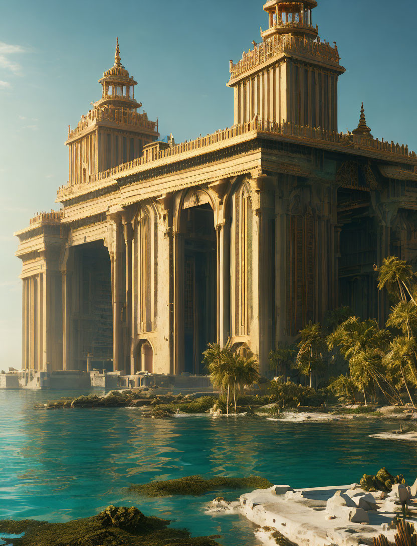 Golden palace by tranquil sea under clear sky with warm sunlight.