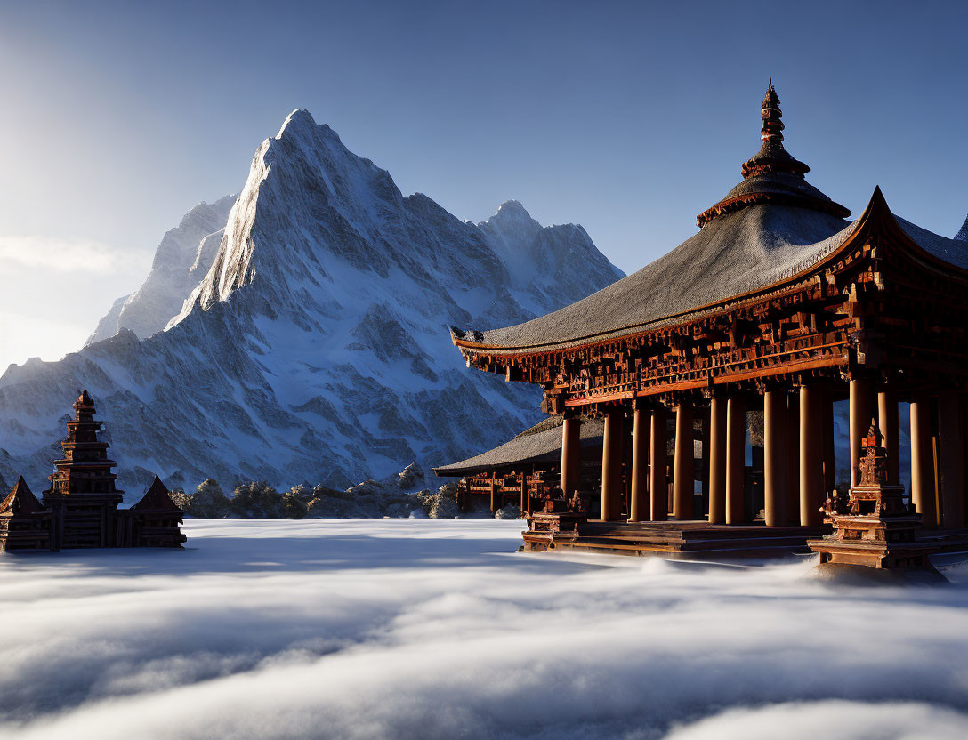 Traditional temple in clouds at base of snow-capped mountain