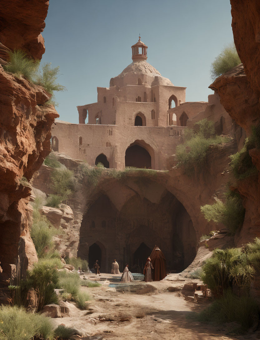 Sandstone buildings and figures in traditional attire in an ancient desert city