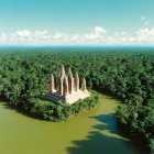 Traditional temple with multiple spires in serene natural setting