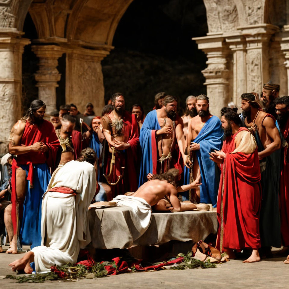 Ancient Roman actors in dramatic scene with central figure on platform