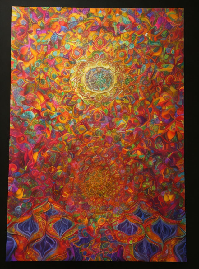 Colorful Abstract Tapestry with Swirling Patterns and Mandala Center