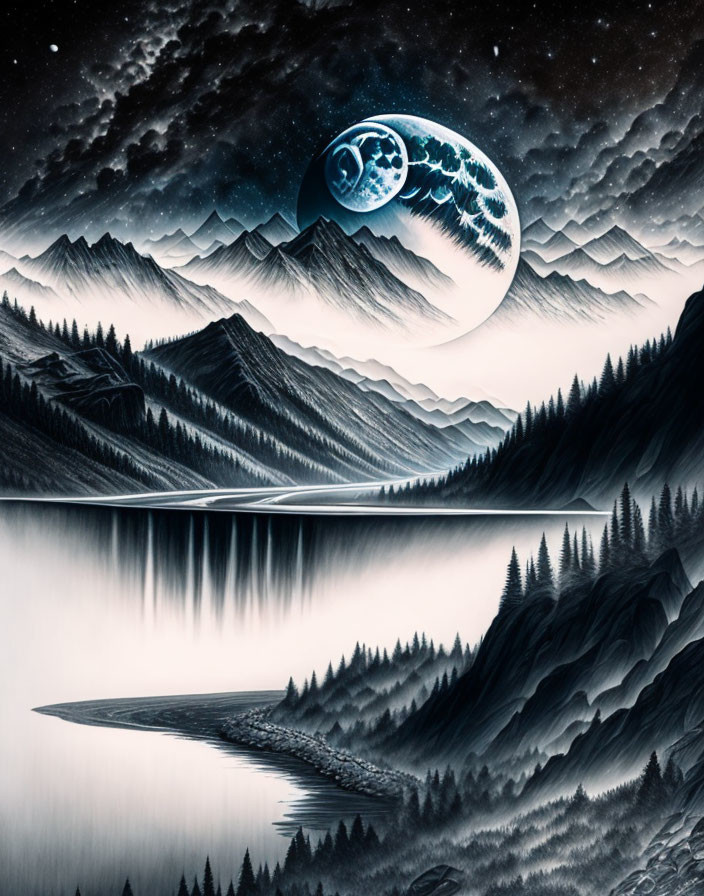 Surreal landscape with reflective water, mountains, and dual-moon phase