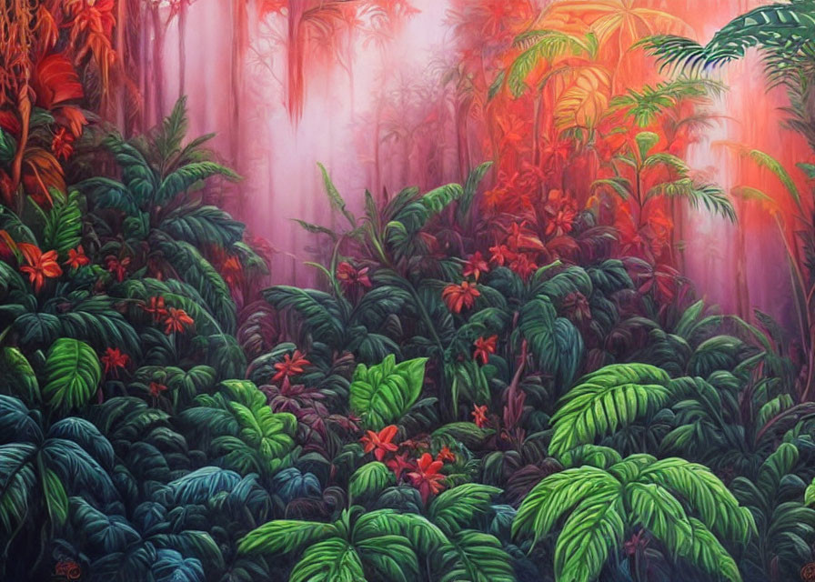 Lush Jungle Scene with Green Foliage and Red Flowers