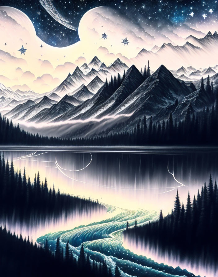 Surreal landscape with mountain range, starry night sky, serene lake, dark pine forest,