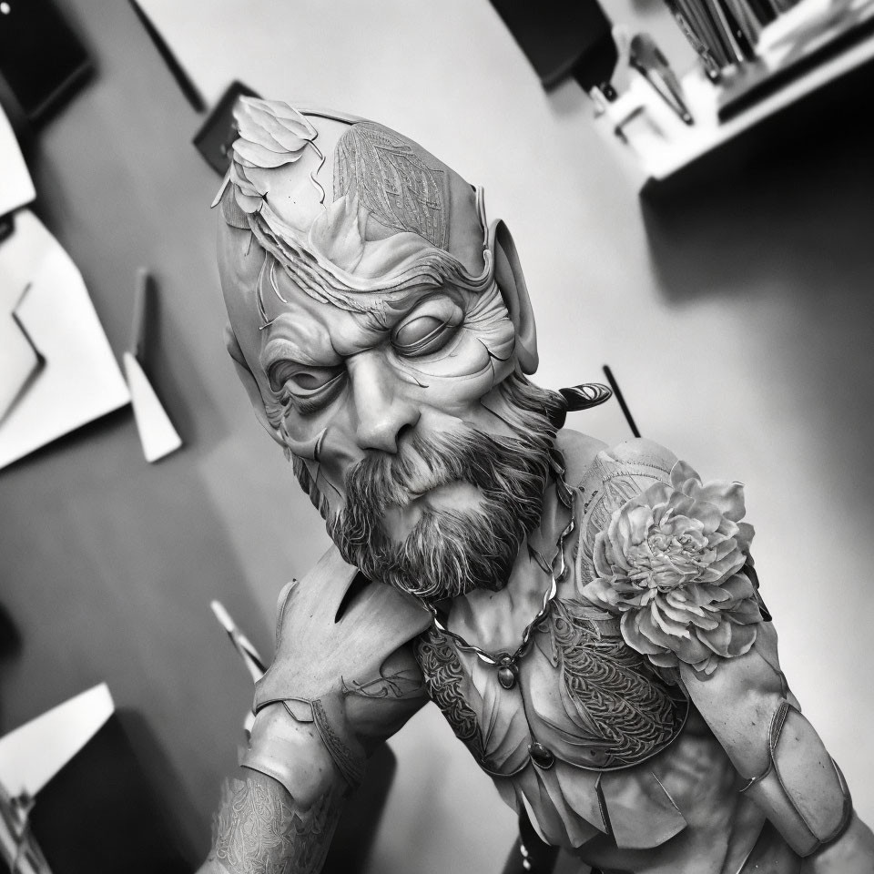 Monochrome detailed sculpture of bearded man in armor and helmet