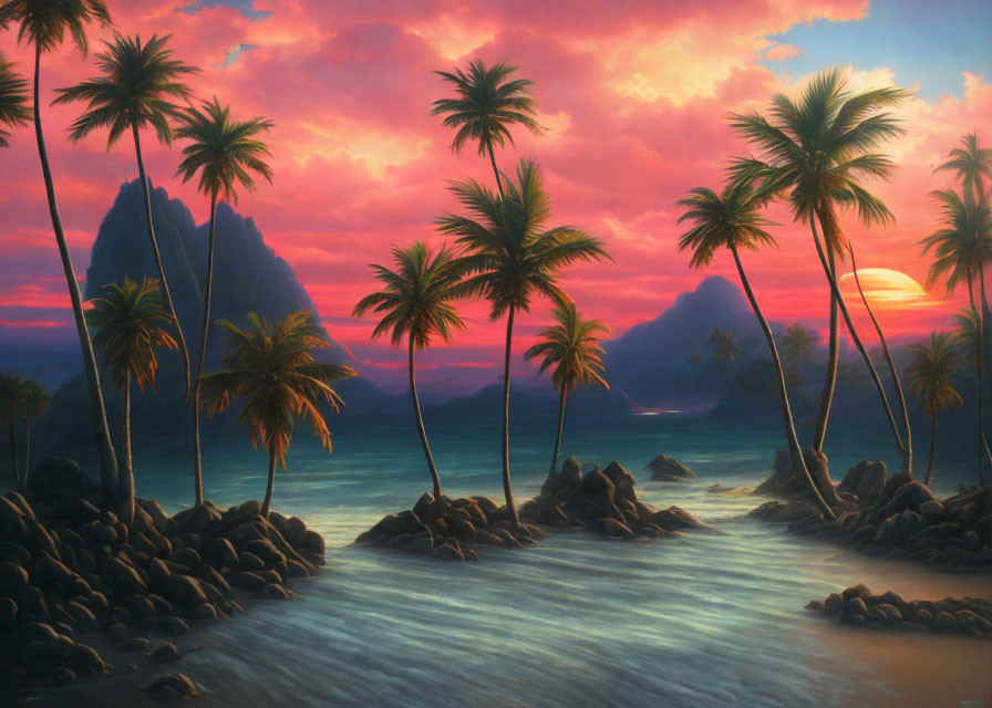 Scenic Tropical Beach Sunset with Palm Trees and Vibrant Sky