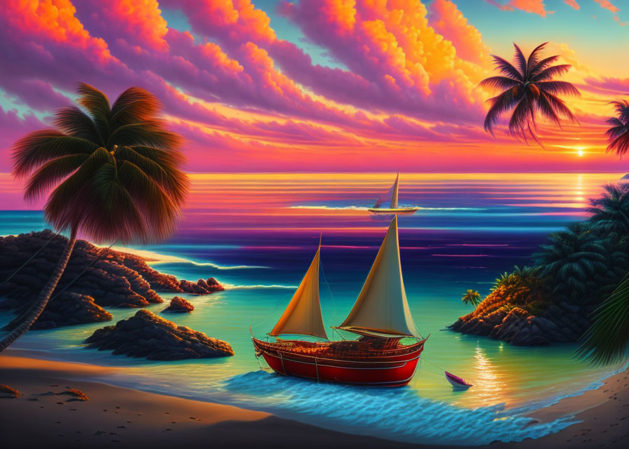 Scenic sunset beach with sailboats, palm trees, and colorful clouds