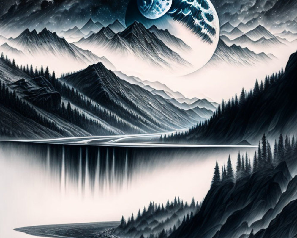 Surreal landscape with reflective water, mountains, and dual-moon phase