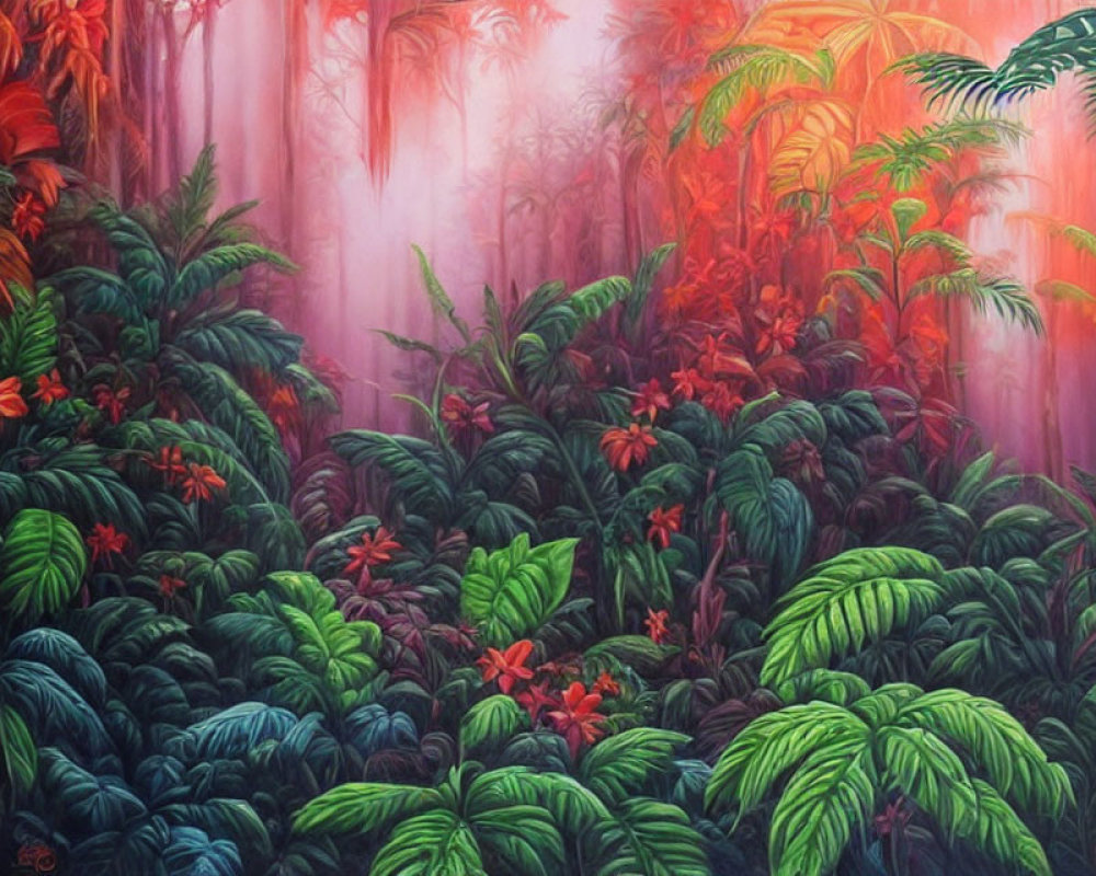 Lush Jungle Scene with Green Foliage and Red Flowers