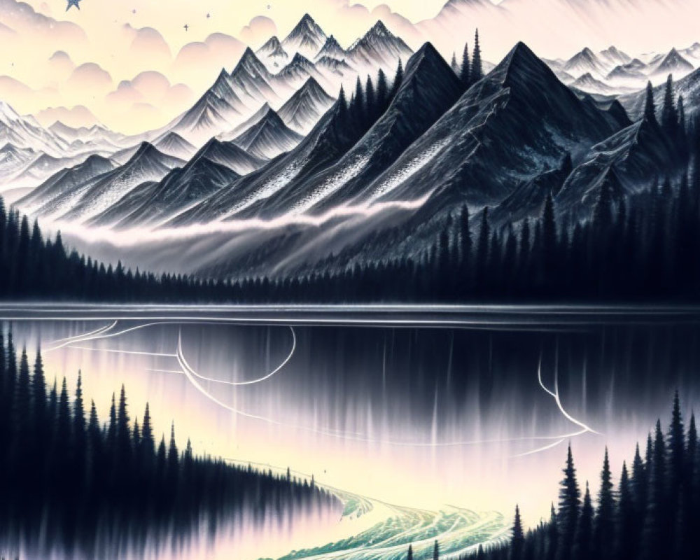 Surreal landscape with mountain range, starry night sky, serene lake, dark pine forest,