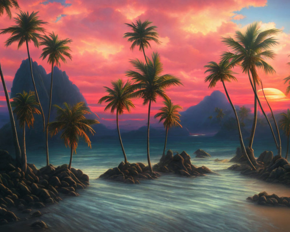 Scenic Tropical Beach Sunset with Palm Trees and Vibrant Sky