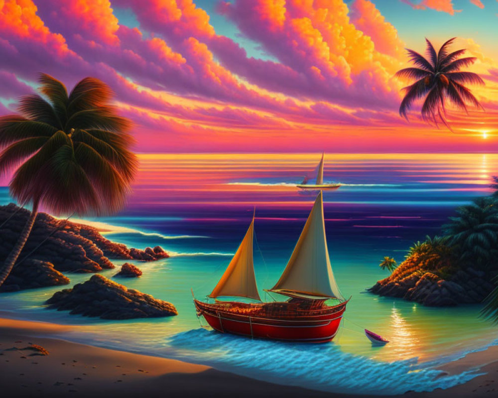 Scenic sunset beach with sailboats, palm trees, and colorful clouds