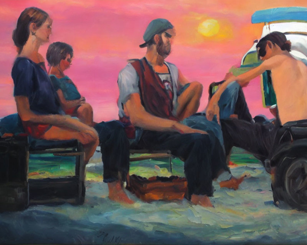 Artwork: Four Individuals with Truck on Beach at Sunset