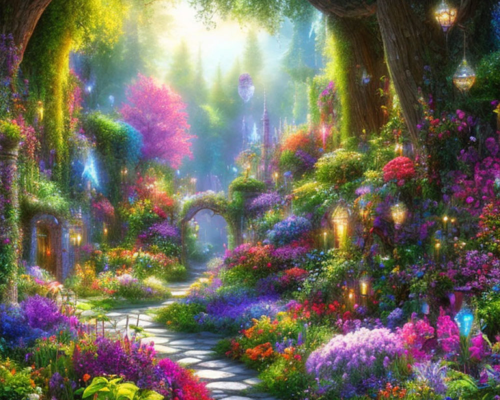 Enchanting garden with stone path, vibrant flowers, archways, lanterns, and castle glimpse