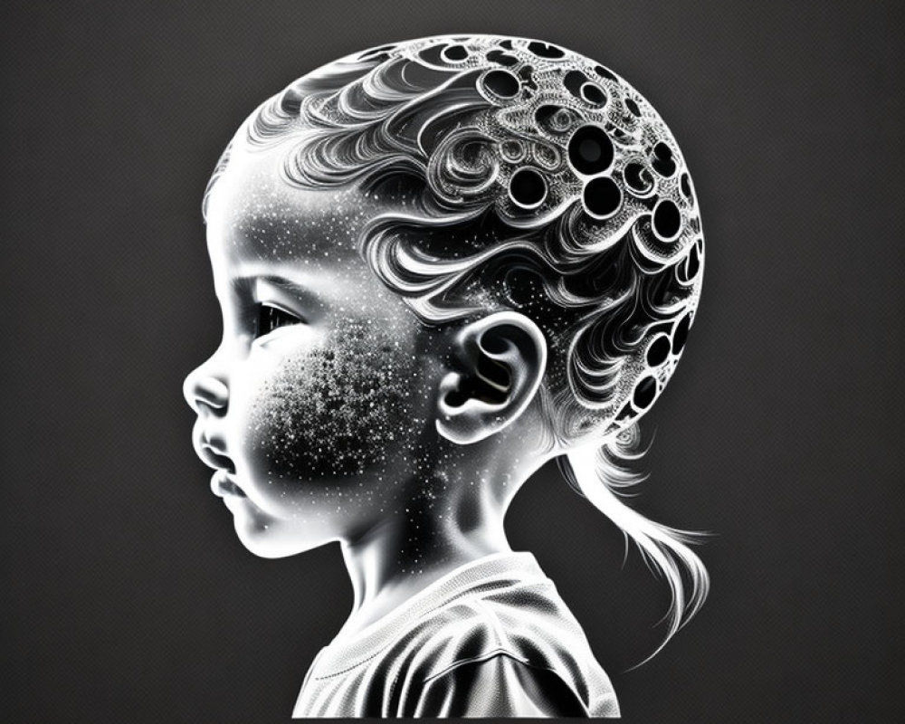 Child's side profile with intricate fractal brain pattern on dark background