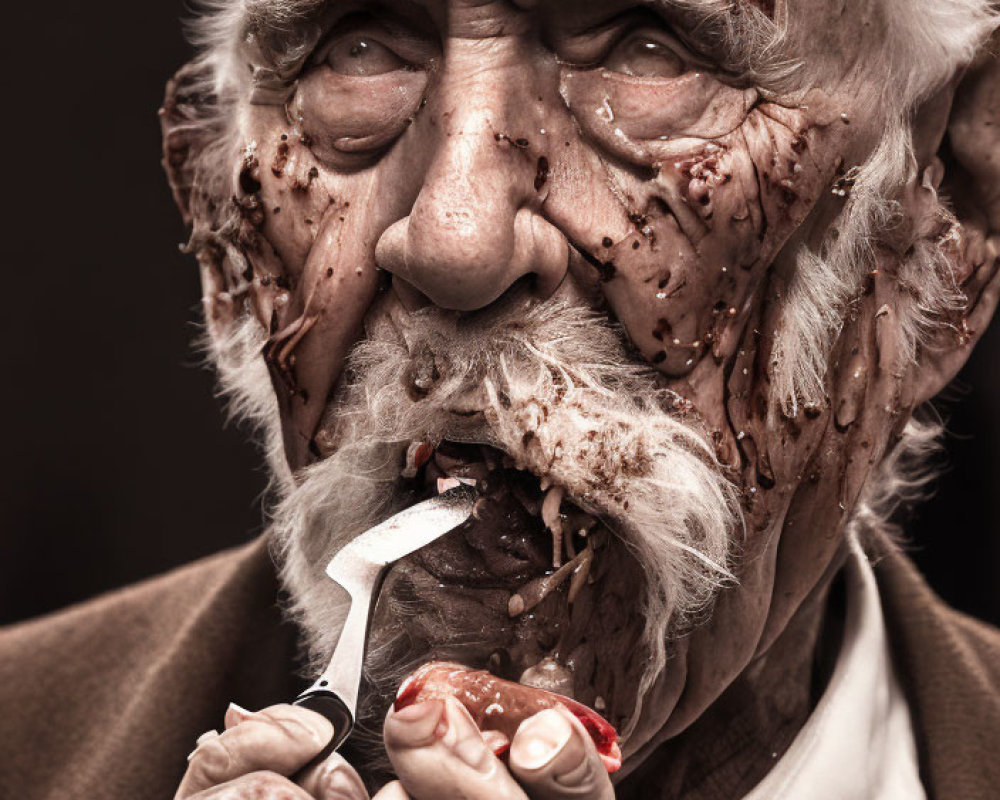 Elderly man with chocolate-smeared face holding cherry fork