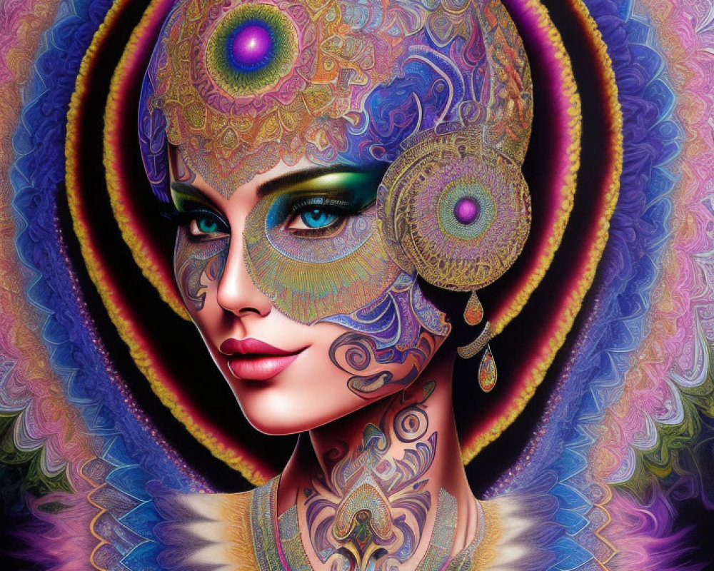 Colorful Woman Portrait with Psychedelic Patterns and Mystical Aura